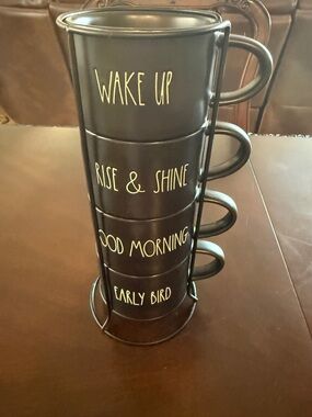 Rae Dunn Black Stackable Mugs with White Lettering - Morning Sayings